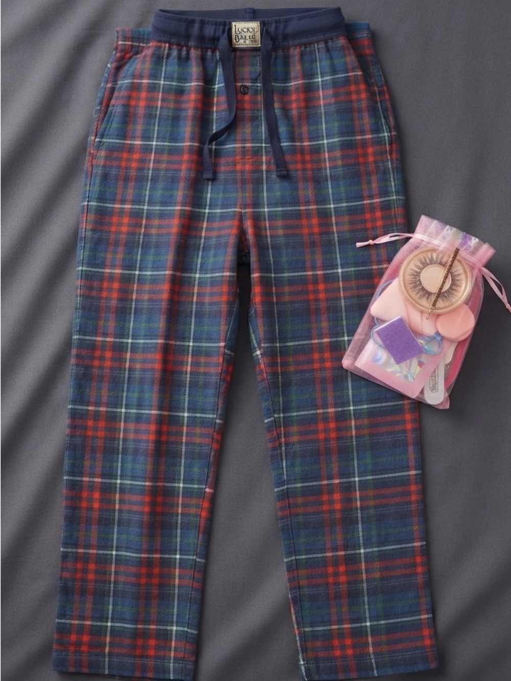 Lucky Brand Navy & Red Plaid Pajama Pants & Beauty Gift Bag